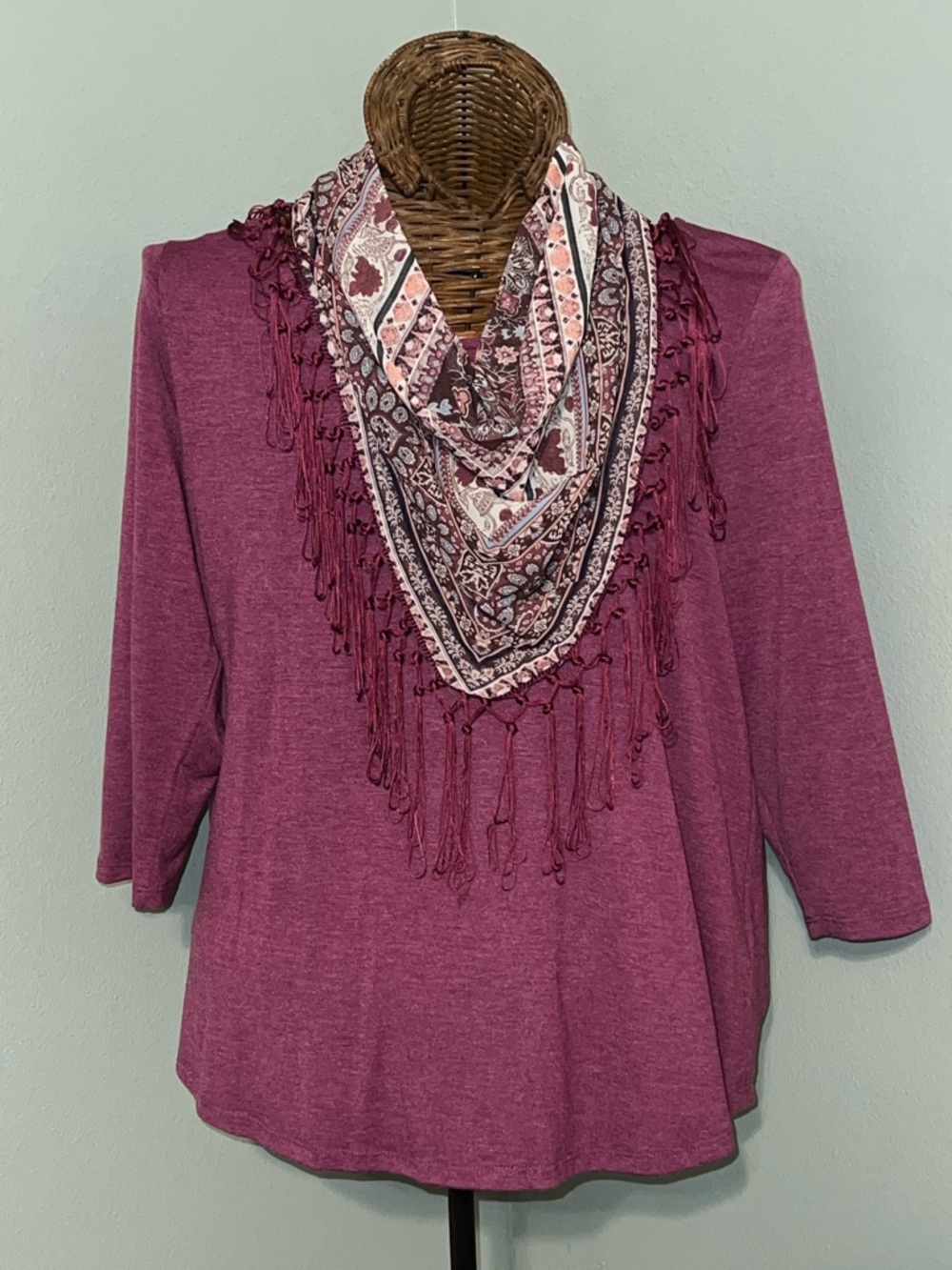 Women’s Fringe Bandana Neck Blouse in Plum